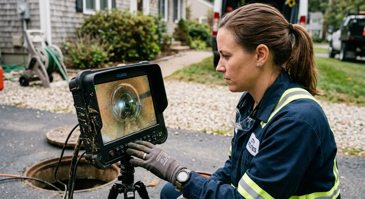 Technician reviewing sewer camera inspection footage in Haledon