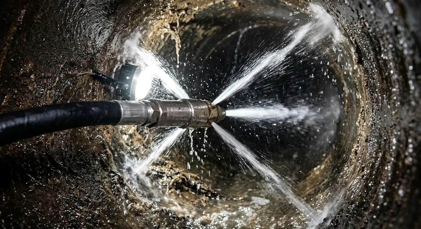 High-pressure hydro jetting nozzle cleaning sewer pipe for Emergency Drain Service in Haledon