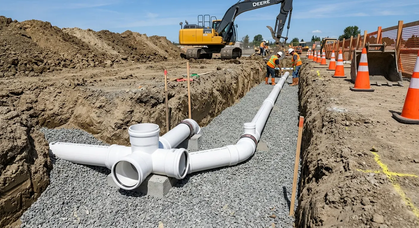 New PVC sewer pipe installation in open trench for Sewer Backup in Haledon