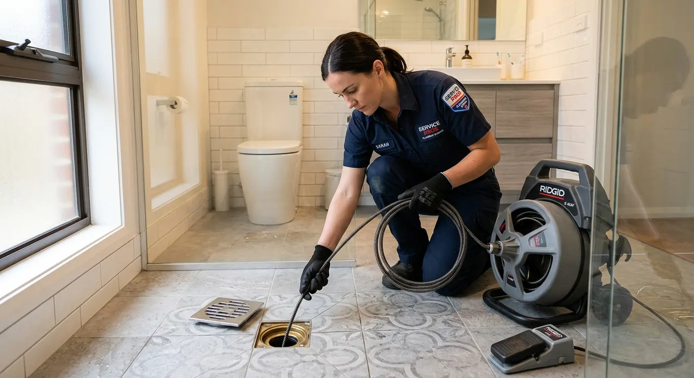 Technician clearing a bathroom floor drain for Drain Cleaning in Haledon